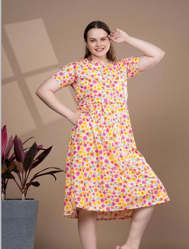 Pink&yellow floral feeding frock